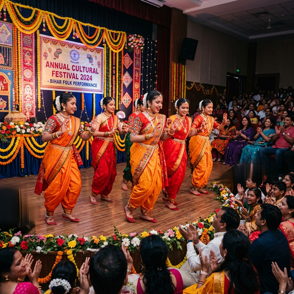 Students performing Bihar folk dance