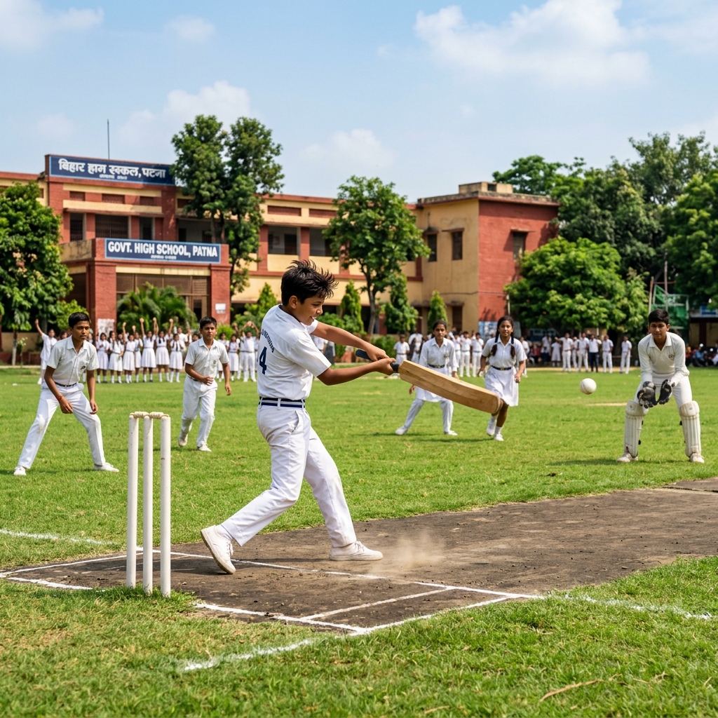 Students playing cricket on school ground
